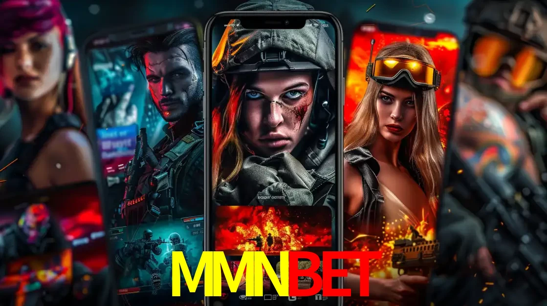Montagem de telas de celular mostrando diversos personagens, masculinos e femininos, de um jogo de tiro, ilustrando a diversidade de equipes de e-sports para apostar no MMNBET.