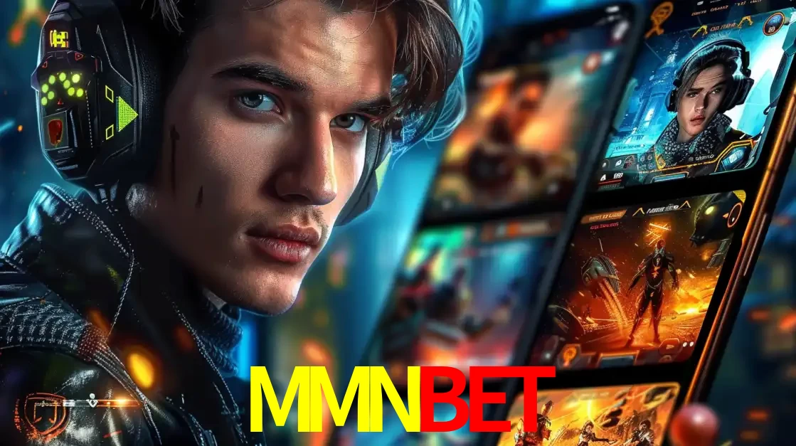 Jovem jogador com fones de ouvido olhando para a câmera, com um aplicativo de jogos e e-sports para celular ao fundo, pronto para a competição e apostas no MMNBET.