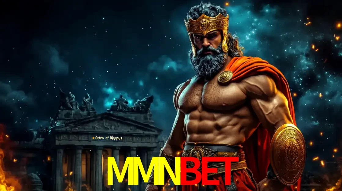 O poderoso Zeus do jogo de slot Gates of Olympus em frente ao seu templo, pronto para lançar multiplicadores divinos e prêmios épicos no cassino online MMNBET.