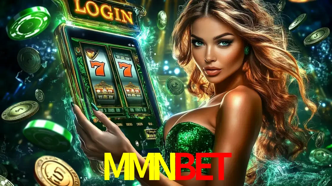Mulher com tema verde apresentando o aplicativo do cassino MMNBET com um jogo de slot de 777, cercada por fichas de cassino e uma aura de sorte.