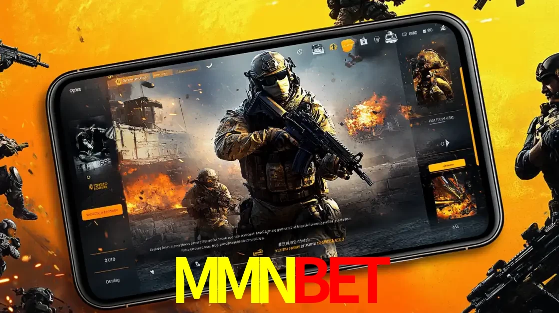 Um smartphone exibindo a interface de um jogo de tiro em primeira pessoa, com um soldado em um cenário de batalha, representando a ação dos e-sports para apostar no MMNBET.