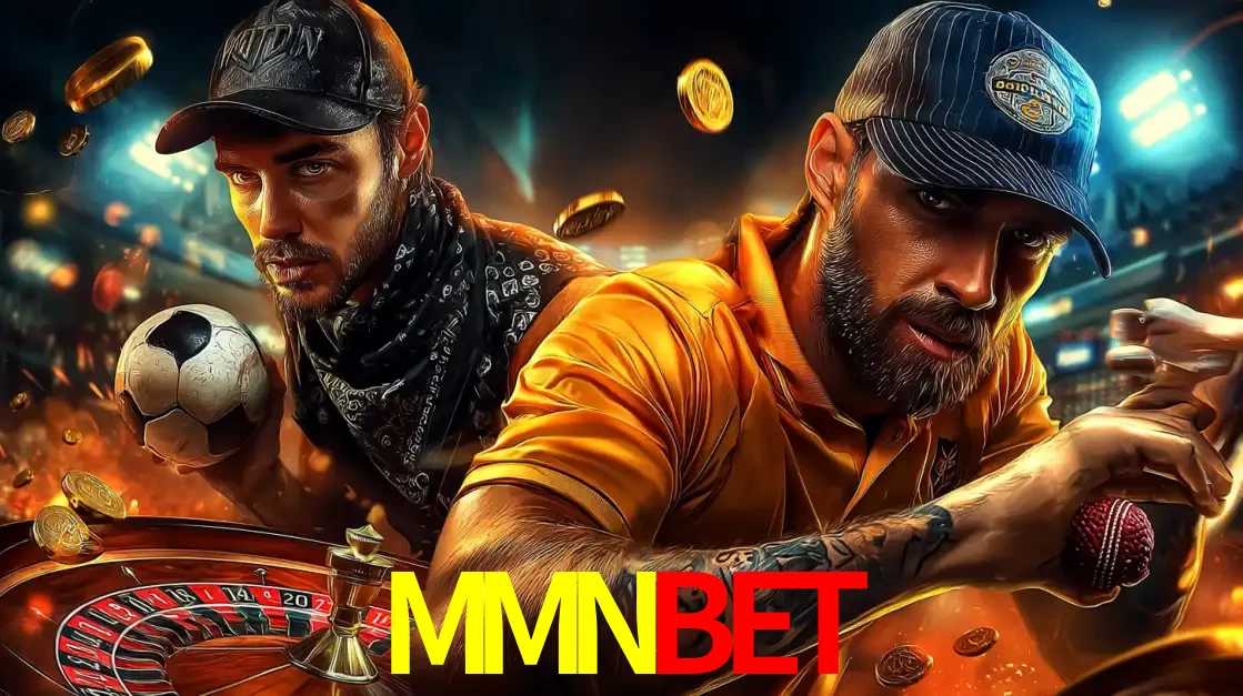 Montagem de apostas esportivas e cassino no MMNBET, com um homem segurando uma bola de futebol e outro uma de beisebol sobre uma roleta e moedas voadoras.