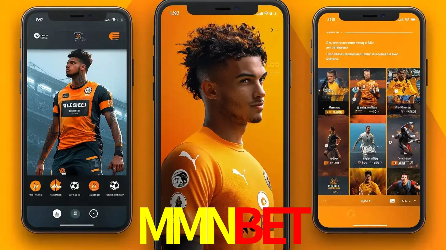 Interface do aplicativo de apostas esportivas MMNBET em três telas de celular, mostrando o perfil de um jogador de futebol e a lista de jogos disponíveis para apostar.