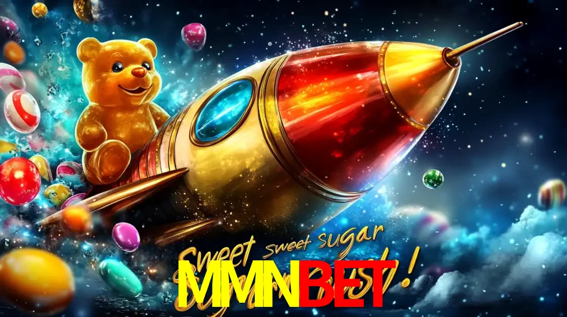 Arte promocional do jogo de slot Sugar Rush, com um urso de pelúcia em um foguete viajando pelo espaço de doces, um dos jogos divertidos disponíveis no cassino MMNBET.