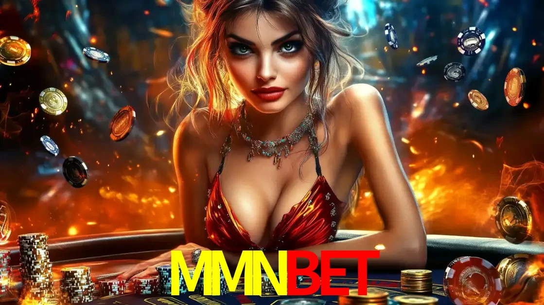 Mulher em uma mesa de cassino com pilhas de fichas e um fundo de fogo, pronta para uma rodada de altas apostas nos jogos de mesa emocionantes do cassino MMNBET.